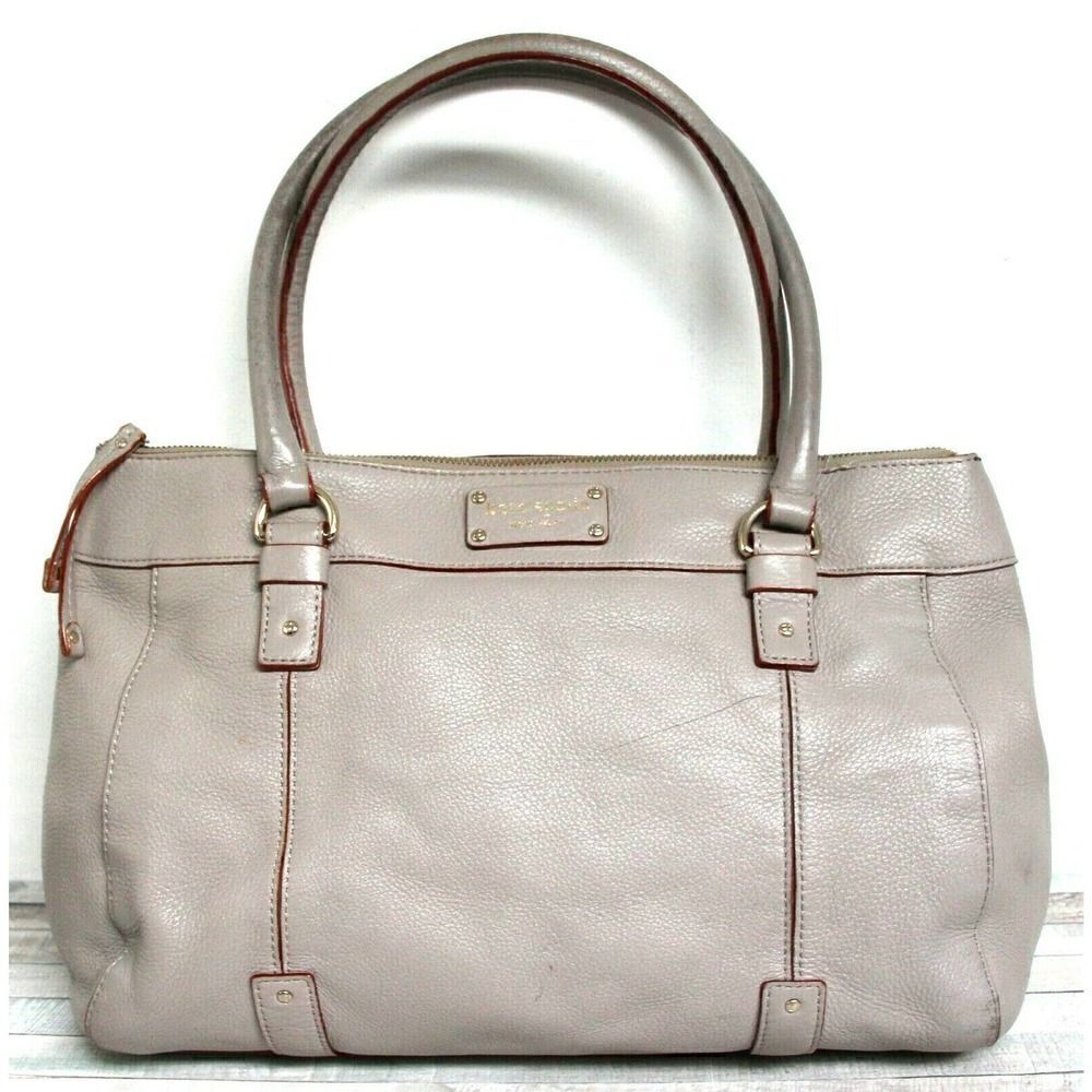 LRG kate spade GRAY GENUINE LEATHER RED TRIM ZIP TOP TOTE SHOULDER BAG HANDBAG